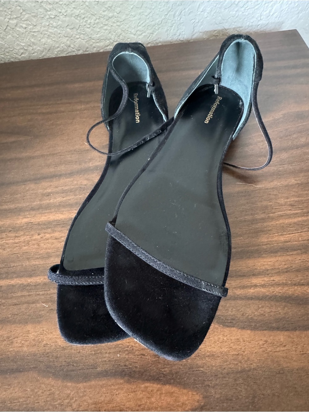 Reformation Black Velvet Ankle-Tie Sandals - Minimal Open-Toe Flats